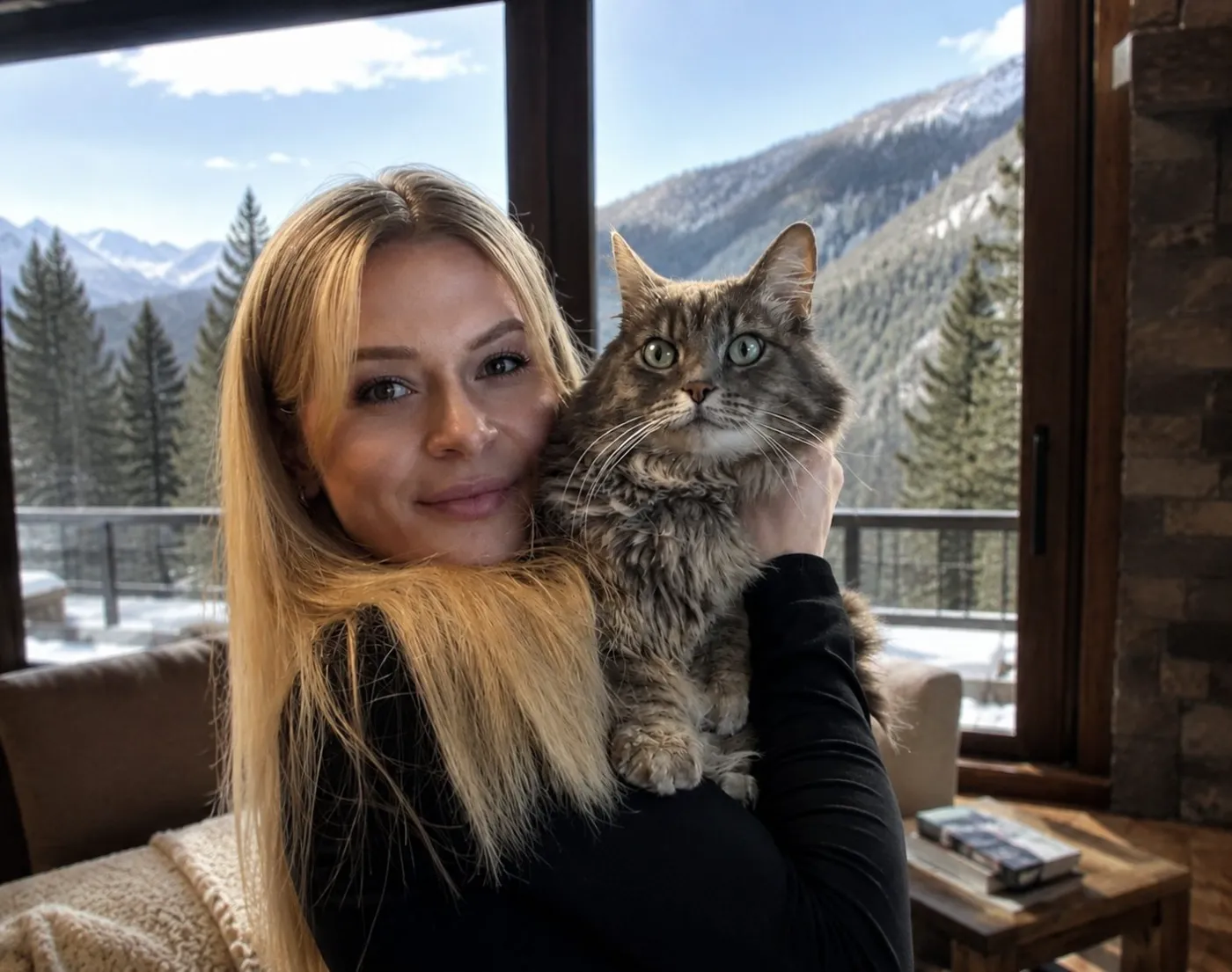Lexie with a long-haired tabby cat — patient, quiet in-home cat sitting in Denver